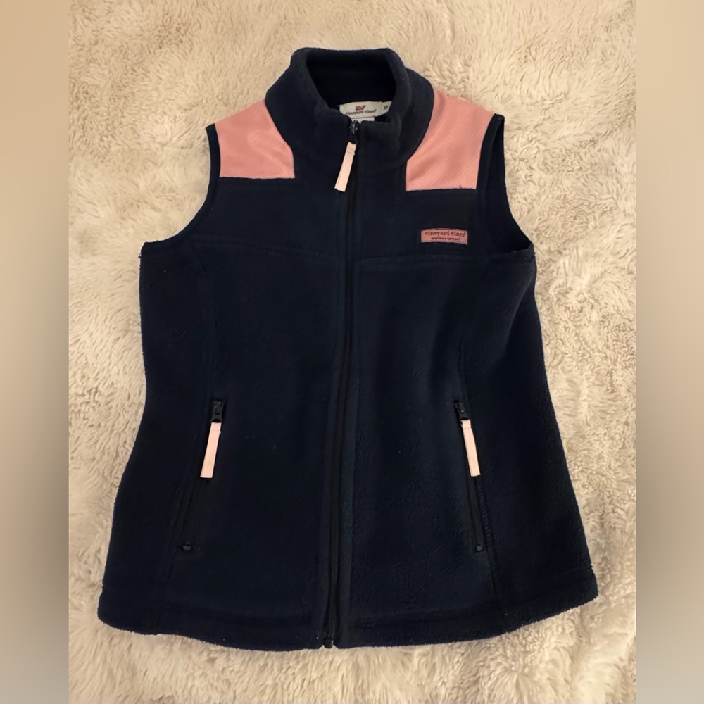 Vineyard Vines Girls Fleece Vest Navy with Pink Highlights, XS